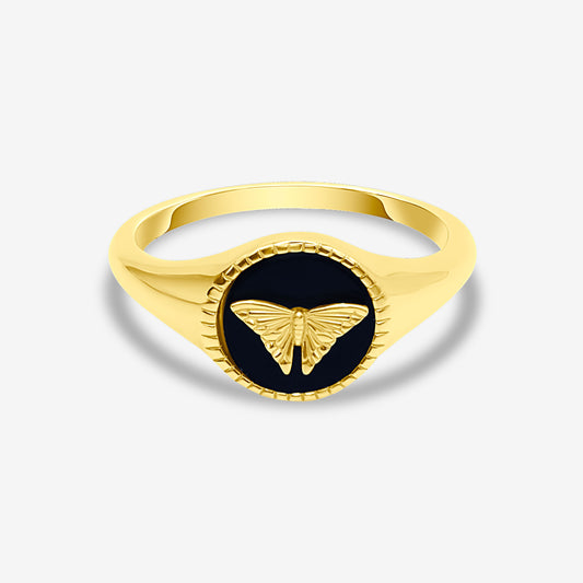 Gold Vermeil Sterling Silver Signet Ring with Butterfly Black Onyx Gemstone